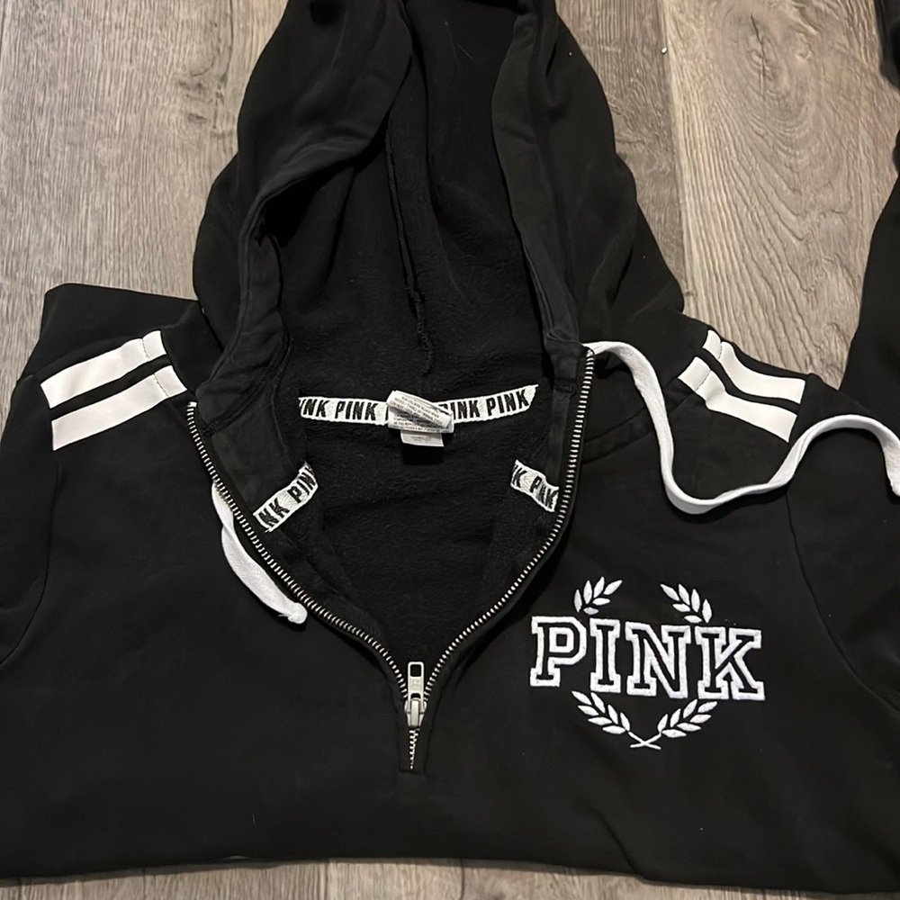 Victoria's Secret Med Women's PINK BLACK WHITE STRIPES ZIP HOODIE PULLOVER Light